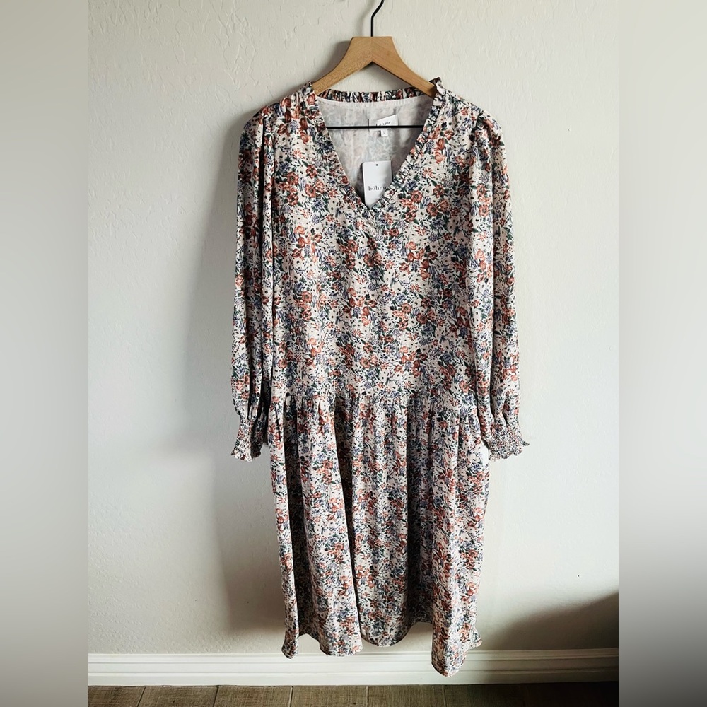 Bohme Women’s Floral Womens Midi Dress Size L NWT Boho Neutral Cottagecore